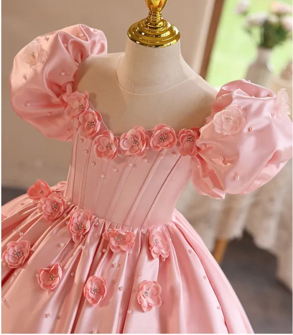 Lovely Blushing Pink Appliques Birthday Flower Girl Dresses 2024 Ball Gown Square Neckline Puffy Short Sleeve Backless Floor-Length / Long Flower Girl Dresses