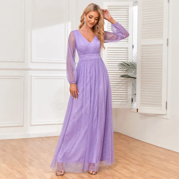 Modest / Simple Lavender Prom Dresses 2024 A-Line / Princess V-Neck Long Sleeve Backless Floor-Length / Long Prom Formal Dresses