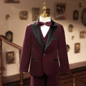 Classic Burgundy 5 Piece Long Sleeve Boys Wedding Suits 2025 Coat Pants Shirt Tie Vest Wedding
