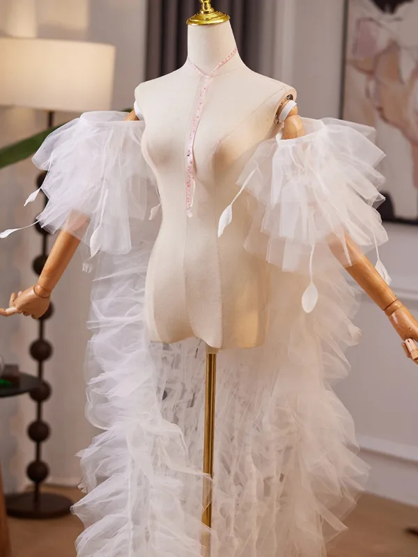 Charming White Cascading Ruffles Wedding Short Sleeve shawl 2025 Tulle