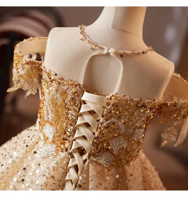Sparkly Gold Beading Sequins Birthday Flower Girl Dresses 2025 Ball Gown Scoop Neck Short Sleeve Backless Floor-Length / Long Tulle