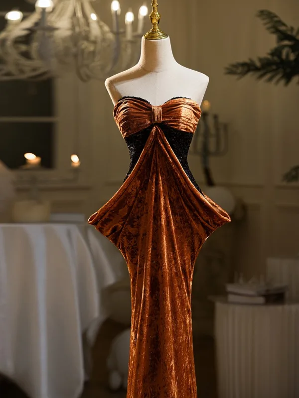 Sexy Brown Sequins Velvet Evening Dresses 2024 Trumpet / Mermaid Strapless Bow Sleeveless Backless Floor-Length / Long Evening Party Formal Dresses
