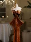 Sexy Brown Sequins Velvet Evening Dresses 2024 Trumpet / Mermaid Strapless Bow Sleeveless Backless Floor-Length / Long Evening Party Formal Dresses