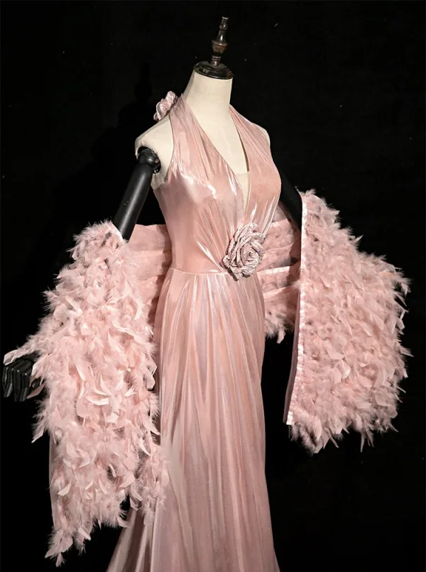 Sexy Rougissant Rose Faux Diamant Plumes Robe De Soirée 2024 Trompette / Sirène Titulaire Sans Manches Dos Nu Train De Balayage Soirée Robe De Ceremonie