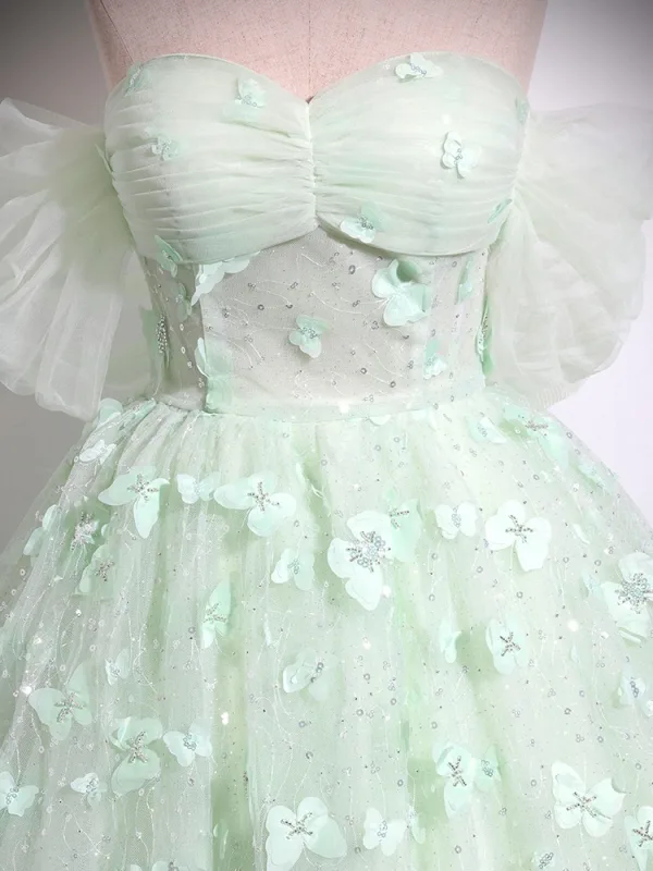 Elegant Sage Green Sequins Butterfly Appliques Prom Dresses 2024 Ball Gown Off-The-Shoulder Short Sleeve Backless Floor-Length / Long Prom Formal Dresses