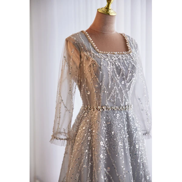 Bling Bling Silver Grey Beading Pearl Sequins Evening Dresses 2023 A-Line / Princess Square Neckline Long Sleeve Floor-Length / Long Evening Party Formal Dresses