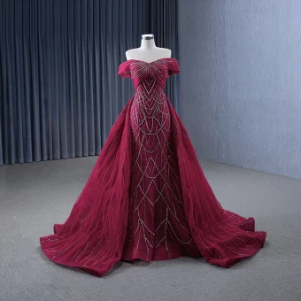 High End Burgundy Handmade Beading Evening Dresses 2024 Trumpet Mermaid Off The Shoulder Short Sleeve Backless Court Train Evening Party Formal Dresses