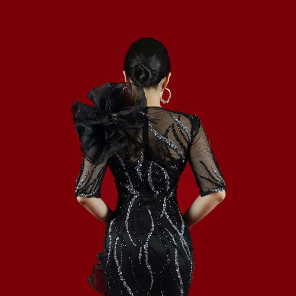 Haut de Gamme Noire Fait main Perlage Paillettes Robe De Soirée 2023 Trompette / Sirène Encolure Dégagée Appliques 1/2 Manches Ceinture Train De Balayage Soirée Robe De Ceremonie