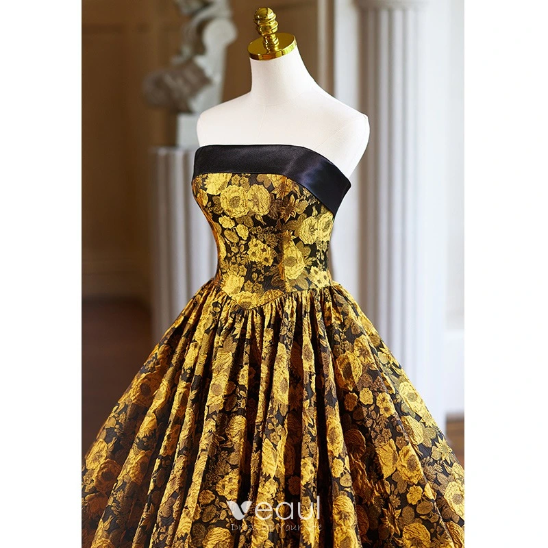 Vintage Retro Gold Printing Prom Dresses 2024 Ball Gown Strapless  Sleeveless Backless Floor Length Long Prom Formal Dresses