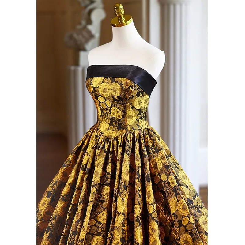 Vintage Retro Gold Printing Prom Dresses 2024 Ball Gown Strapless Sleeveless Backless