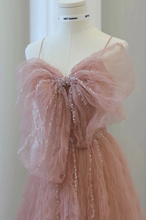 Charming Blushing Pink Beading Ruffle Evening Dresses 2023 A-Line / Princess Spaghetti Straps Bow Sleeveless Backless Evening Party Floor-Length / Long Formal Dresses
