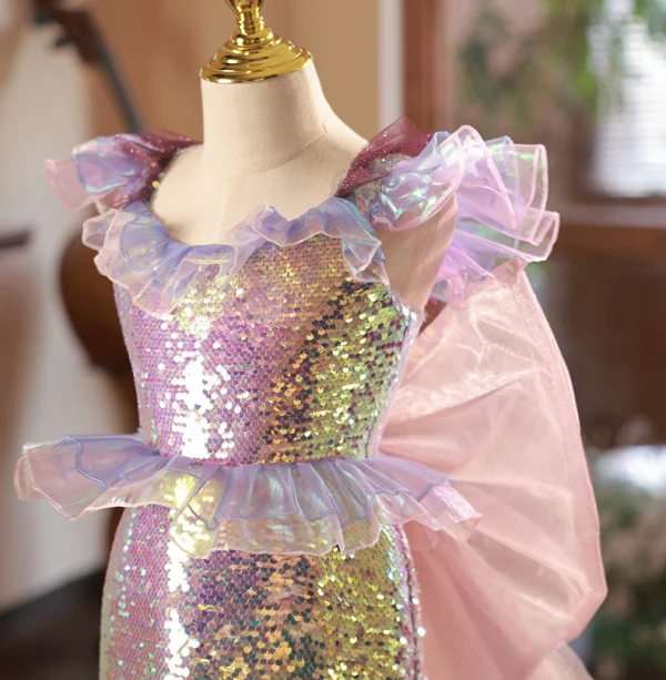 Unusual Blushing Pink Multi-Colors Sequins Birthday Flower Girl Dresses 2024 Trumpet / Mermaid Scoop Neck Sleeveless Backless Bow Detachable Sweep Train