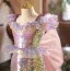 Unusual Blushing Pink Multi-Colors Sequins Birthday Flower Girl Dresses 2024 Trumpet / Mermaid Scoop Neck Sleeveless Backless Bow Detachable Sweep Train