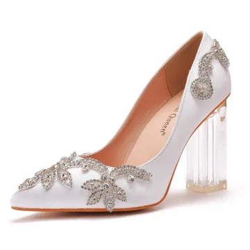 Mode Weiß Strass Kristall Pumps 2023 9 Cm Thick Heels Spitzschuh Hochzeit Sandaletten Hochhackige