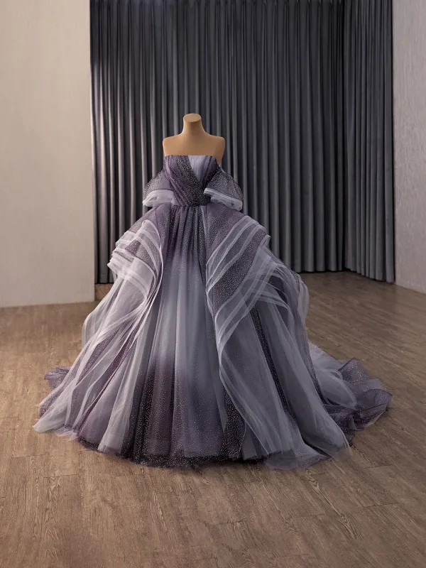 Sparkly High-end Purple Cascading Ruffles Star Sequins Prom Dresses 2026 Ball Gown Strapless Sleeveless Backless Chapel Train Formal Dresses