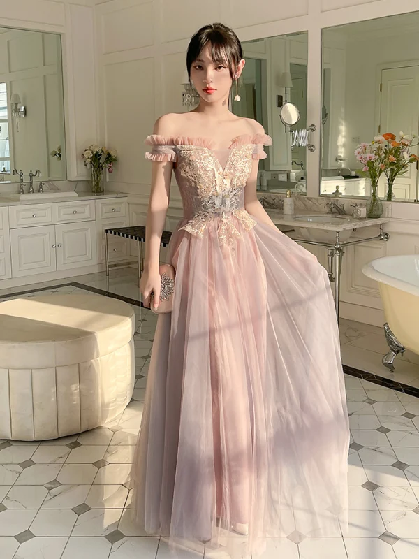 Chic / Beautiful Blushing Pink Lace Flower Bridesmaid Dresses 2023 A-Line / Princess Short Sleeve Backless Floor-Length / Long Bridesmaid Dresses