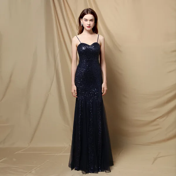 Scintillantes Blanche Paillettes Robe De Soirée 2024 Trompette / Sirène Bretelles Spaghetti Sans Manches Dos Nu Longue Soirée Robe De Ceremonie