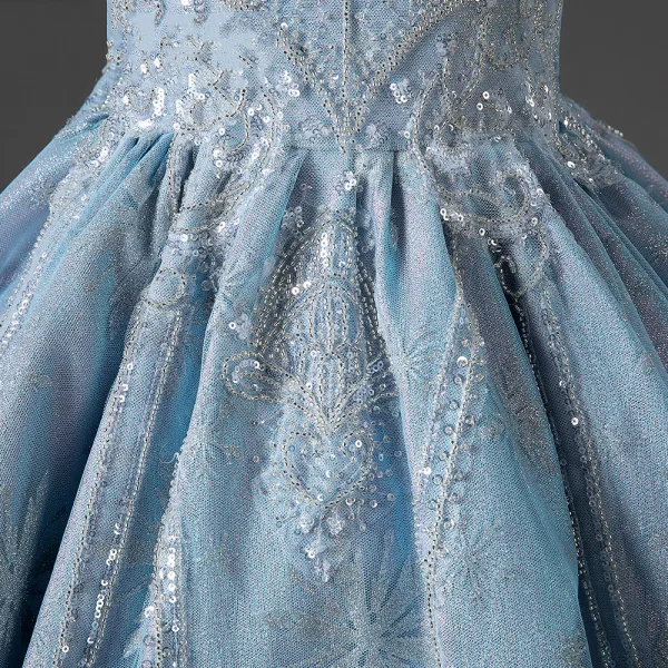 Chic / Beautiful Sky Blue Beading Sequins Flower Girl Dresses 2022 Ball Gown Square Neckline Puffy Short Sleeve Backless Prom Sweep Train Flower Girl Dresses