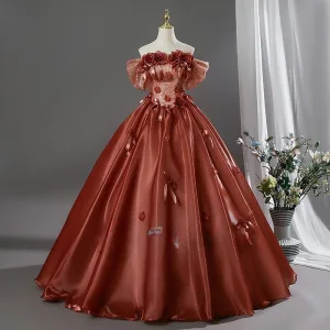 Vintage Retro Coffee Appliques Bow Prom Dresses 2026 Ball Gown Off The Shoulder Short Sleeve Backless