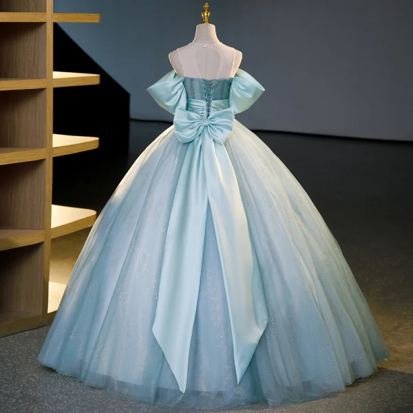 Elegant Sky Blue Beading Sequins Prom Dresses 2023 Ball Gown Scoop Neck Short Sleeve Backless Bow Floor-Length / Long Prom Formal Dresses