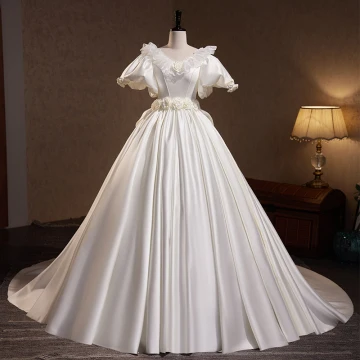 Vintage Originale Ivoire En Dentelle Fleur Appliques Satin Robe De Mariée 2023 Robe Boule V Cou Gonflée Manches Courtes Dos Nu Train De Balayage Mariage