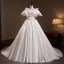 Vintage / Retro Ivory Lace Flower Appliques Satin Wedding Dresses 2023 Ball Gown V-Neck Puffy Short Sleeve Backless Sweep Train Wedding