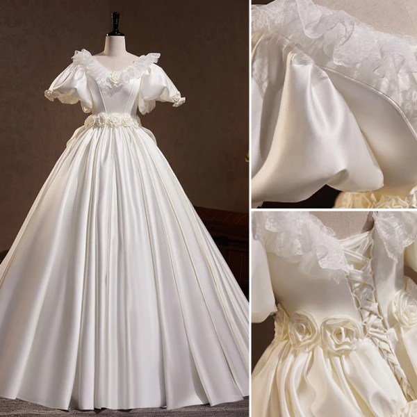 Vintage / Retro Ivory Lace Flower Appliques Satin Wedding Dresses 2023 Ball Gown V-Neck Puffy Short Sleeve Backless Sweep Train Wedding