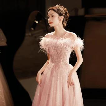 Chic Belle Rougissant Rose Perlage Paillettes Robe De Soirée 2023 Princesse Encolure Dégagée Gland Sans Manches Longue Soirée Robe De Ceremonie