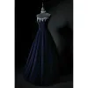 Chic / Beautiful Navy Blue Rhinestone Velvet Prom Dresses 2024 A-Line / Princess Strapless Sleeveless Backless Floor-Length / Long Prom Formal Dresses