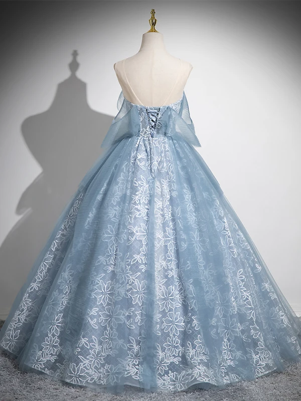 Chic / Beautiful Sky Blue Lace Flower Sequins Prom Dresses 2024 A-Line / Princess Strapless Sleeveless Backless Floor-Length / Long Prom Formal Dresses