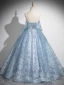 Chic / Beautiful Sky Blue Lace Flower Sequins Prom Dresses 2024 A-Line / Princess Strapless Sleeveless Backless Floor-Length / Long Prom Formal Dresses