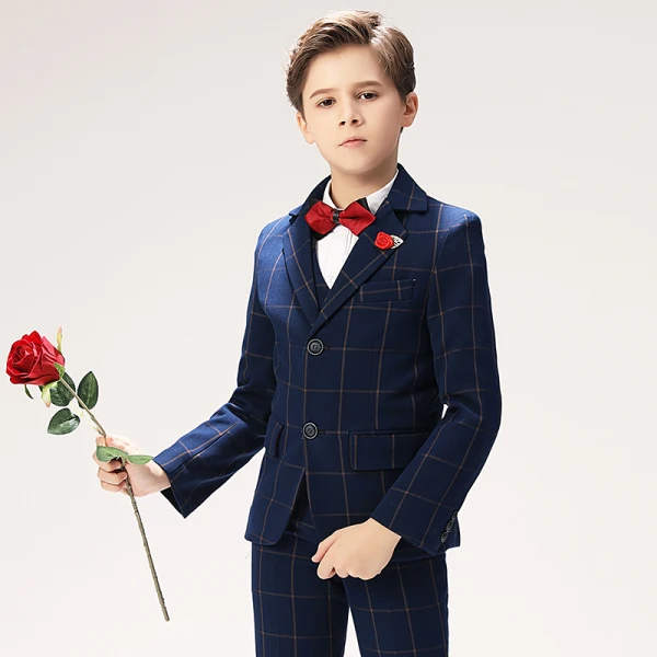 Navy Blue Stripe Long Sleeve Boys Wedding Suits 2022 Body Jewellery Coat Pants Shirt Tie Vest Wedding