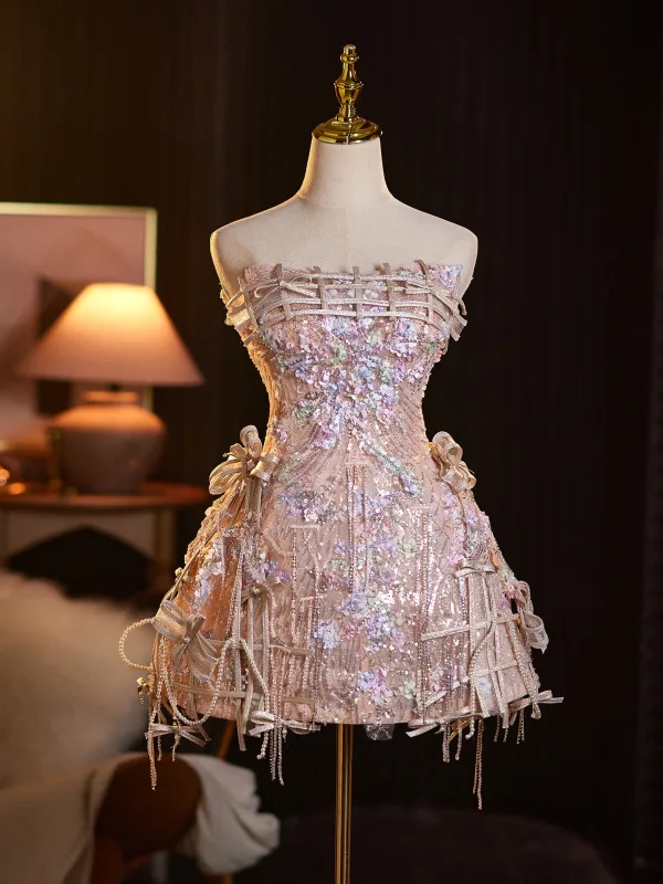 Luxus / Herrlich Charmant Champagner Applikationen Perlenstickerei Pailletten Asymmetrisch Cocktailkleider 2025 A Linie Bandeau Ärmellos Rückenfreies Cocktail Festliche Kleider