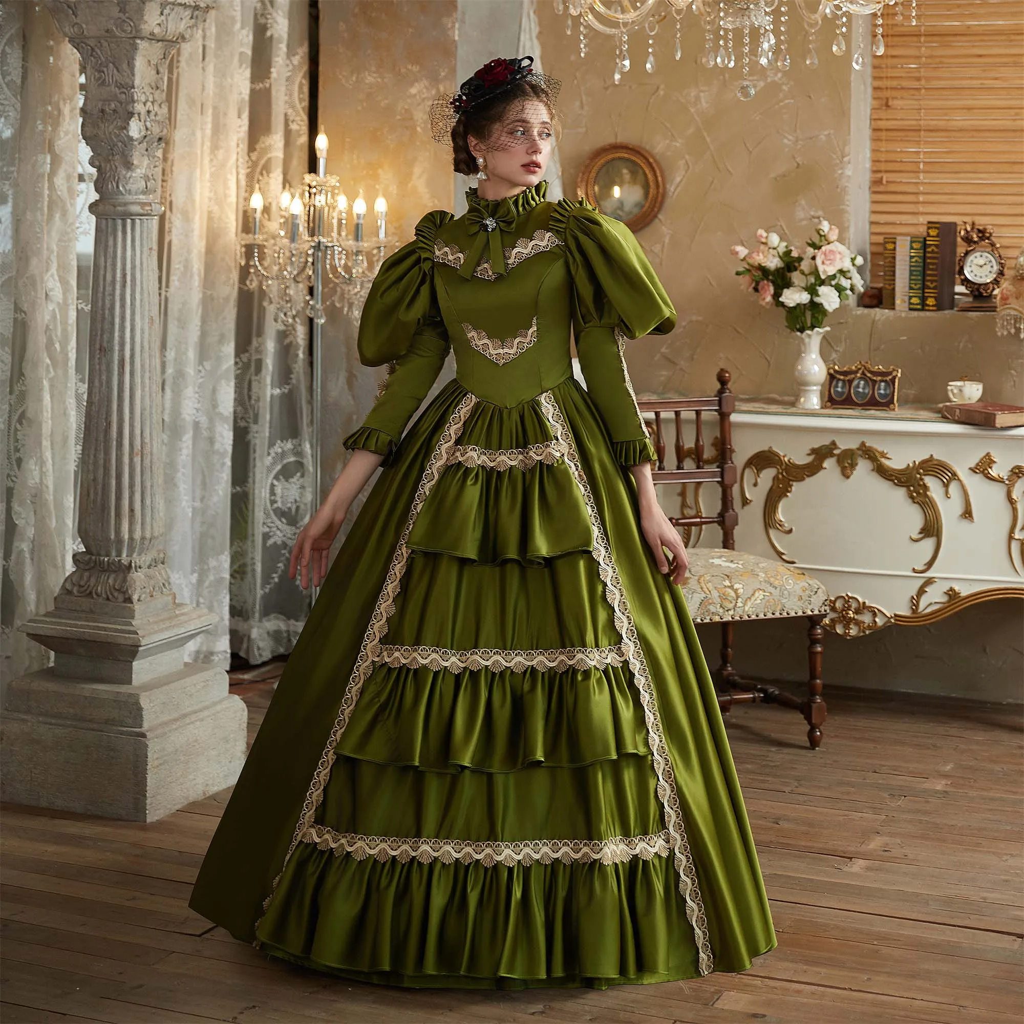 Vintage Retro Dark Green Bow Prom Dresses 2024 Ball Gown High Neck Long Sleeve Long Prom