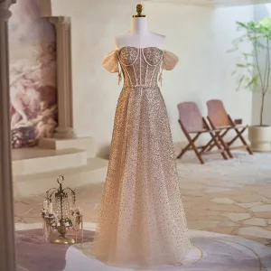 Bling Bling Champagne Beading Paljetter Ballkjoler 2024 Prinsesse Av Skulderen Korte Ermer Ryggløse Lange Ball Formelle Kjoler