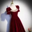 Elegant Burgundy Pearl Sequins Suede Prom Dresses 2023 A-Line / Princess Square Neckline Short Sleeve Floor-Length / Long Prom Formal Dresses