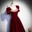 Elegant Burgundy Suede Prom Dresses 2023 A-Line / Princess Square Neckline Pearl Sequins Short Sleeve Floor-Length / Long Prom Formal Dresses