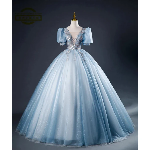 Elegant Sky Blue Beading Sequins Ball Gown Prom Dresses 2023 V-Neck Short Sleeve Backless Floor-Length / Long Prom Formal Dresses