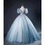 Elegant Sky Blue Beading Sequins Ball Gown Prom Dresses 2023 V-Neck Short Sleeve Backless Floor-Length / Long Prom Formal Dresses