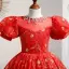 Modern / Fashion Red Birthday Glitter Sequins Rhinestone Flower Girl Dresses 2022 Ball Gown Scoop Neck Puffy Short Sleeve Backless Floor-Length / Long Flower Girl Dresses