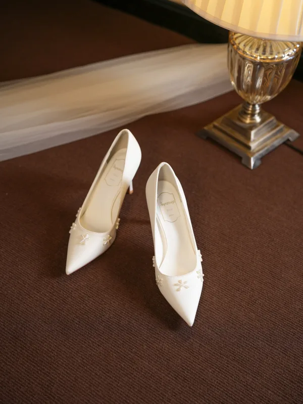 Elegant White Pearl Leather Wedding Shoes 2026 Wedding 8 cm Stiletto Heels Pointed Toe Pumps High Heels
