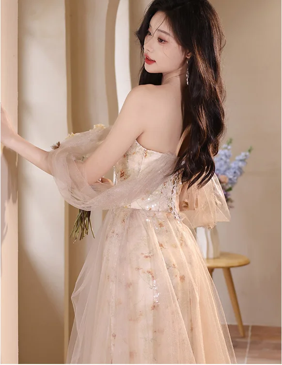 Charming Champagne Sequins Printing Prom Dresses 2024 A-Line / Princess Off-The-Shoulder Sleeveless Backless Floor-Length / Long Prom Formal Dresses