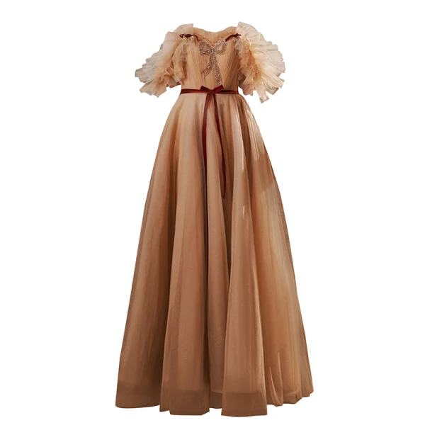 Fashion Champagne Prom Dresses 2022 A-Line / Princess Scoop Neck Ruffle Short Sleeve Beading Sequins Backless Sash Bow Floor-Length / Long Formal Dresses