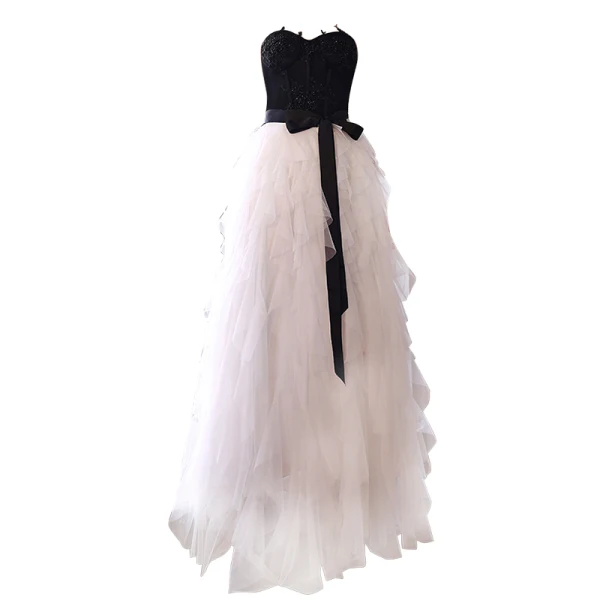 Fashion Black Ruffle Prom Dresses 2022 A-Line / Princess Strapless Lace Flower Sleeveless Backless Bow Sash Floor-Length / Long Formal Dresses