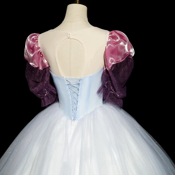 Elegant Sky Blue Rhinestone Sequins Appliques Lace Flower Prom Dresses 2023 Ball Gown Scoop Neck Puffy Short Sleeve Backless Floor-Length / Long Formal Dresses
