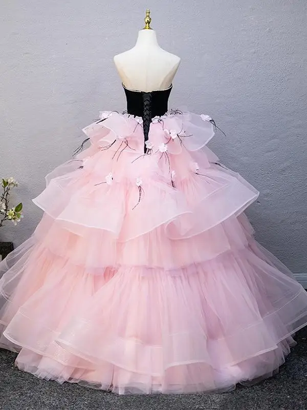 Lovely Blushing Pink Appliques Pearl Rhinestone Cascading Ruffles Prom Dresses 2025 Ball Gown Strapless Sleeveless Backless Floor-Length / Long Prom Formal Dresses