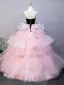 Lovely Blushing Pink Appliques Pearl Rhinestone Cascading Ruffles Prom Dresses 2025 Ball Gown Strapless Sleeveless Backless Floor-Length / Long Prom Formal Dresses