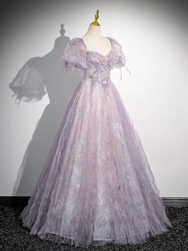 Elegant Lavender Beading Prom Dresses 2024 Ball Gown Square Neckline Puffy Short Sleeve Backless Bow Floor-Length / Long Prom Formal Dresses
