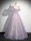 Elegant Lavender Beading Prom Dresses 2024 Ball Gown Square Neckline Puffy Short Sleeve Backless Bow Floor-Length / Long Prom Formal Dresses