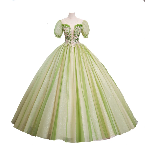 Elegant Sage Green Glitter Beading Sequins Prom Dresses 2023 Ball Gown Scoop Neck Puffy Short Sleeve Floor-Length / Long Prom Formal Dresses
